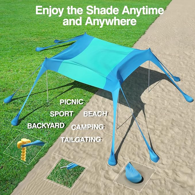 Rhino Valley Beach Tent Shade Canopy UPF50+ Protection 8 Sandbags 4 Stability Poles Outdoor Sun Shelter Umbrella for Sand Camping Fishing Essentials