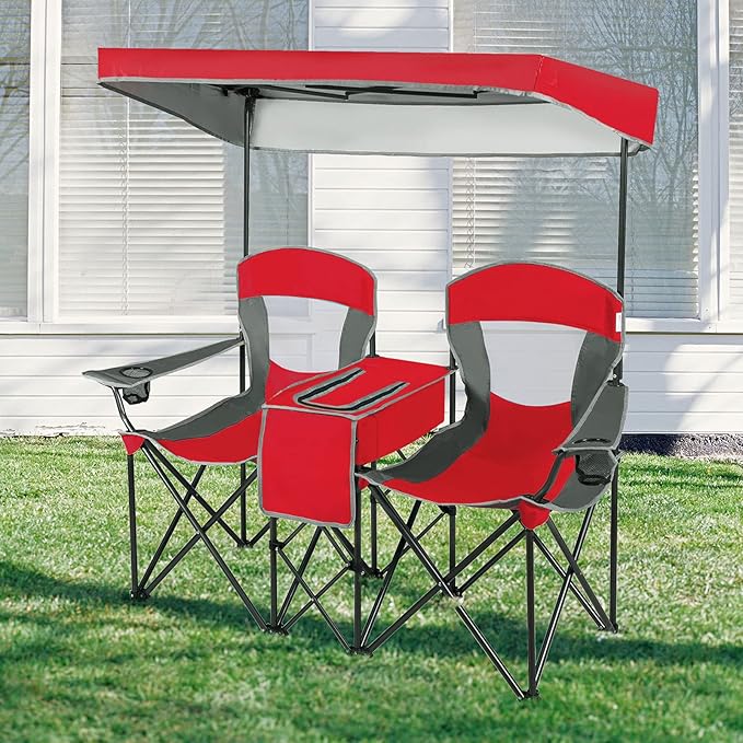 GYMAX Double Camping Chair Beach Chair with Canopy Shade Adjustable UV Protection Cooler Cup Holder &amp Carry Bag Folding Portable Lawn Soccer Camp Chair with Umbrella for Adults (Red 2 Person