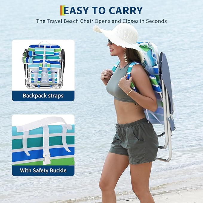 GarveeLife Backpack Beach Chair for Adults Lightweight Portable Lay Flat Folding Beach Chair with 5 Reclining Positions Backpack Straps Phone Pocket Cup Holder &amp Towel Bar
