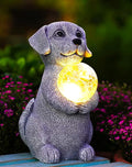 Dog Garden Statues - 8.4 Dog Decor with Gazing Ball LED Lights Unique Gifts for Mom Grandma Birthdays Outdoor Decor for Outside Lawn Porch Patio (Gray)