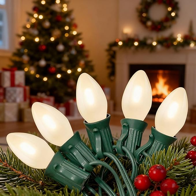 Abeja C7 LED Christmas Lights 25Ft C7 Frosted White String Lights with 27 Vintage Incandescent Bulbs (E12 Base 0.6W) Christmas Vintage String Light for Backyard Porch Balcony Party Decor