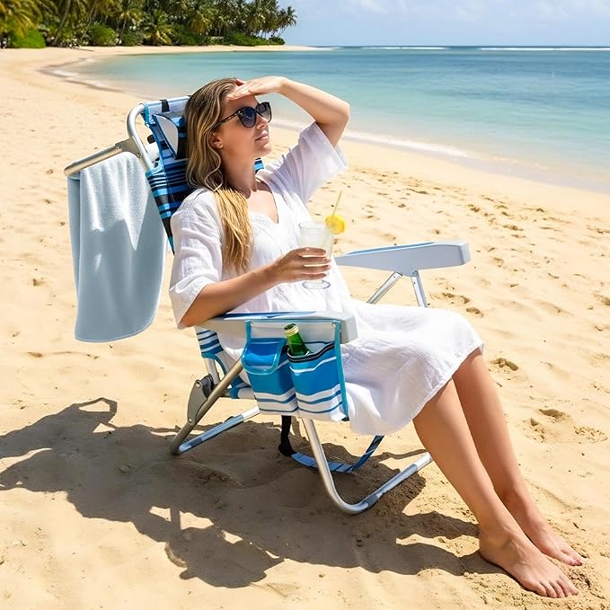 2 Pack Backpack Beach Chairs for Adults Folding Lightweight Beach Chair with Cup Holder and Padded Headrest 5 Positions Aluminum Reclining Heavy Duty Chair for Outdoor Camping PatioSupport 300LBS
