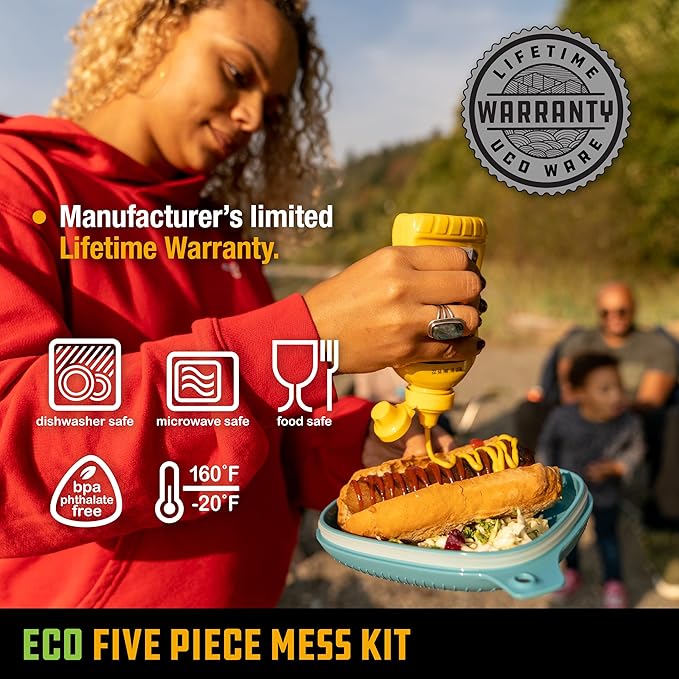 UCO Recycled ECO 5-Piece Camping Mess Kit with Bowl Plate Switch Spork Utensil Set