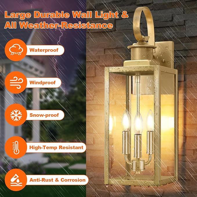 19'' Large Outdoor Wall Lantern Gold Waterproof Outside Wall Sconce Lights for House Anti-Rust Exterior Lighting Fxitures with Clear Glass Shade for Front Porch Garage Patio 1-Pack