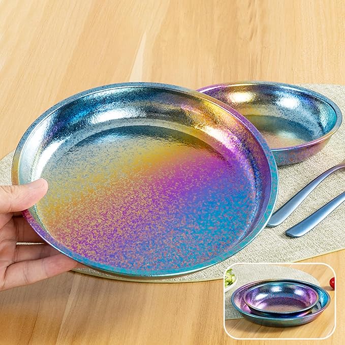 Titanium Camping Plates Lightweight Colorful Round Metal Dishes Durable Outdoor Utensils Rust-Proof Reusable Dinnerware Ideal for Hiking Picnic Camping Backpacking Home RT077T (S+L)