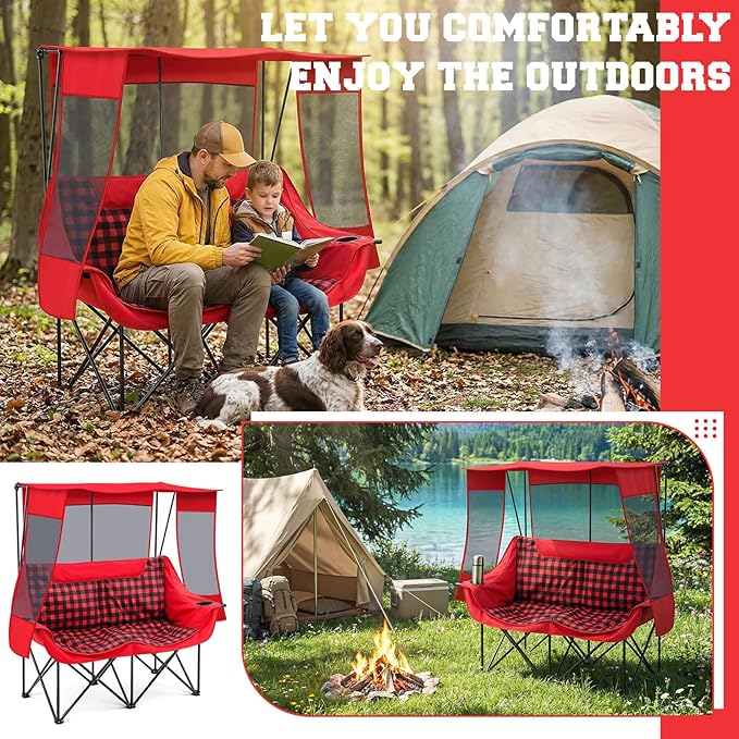 Double Camping Chair with Canopy Shade 660lbs Heavy Duty Beach Chair Portable Folding 2 Person Camping Loveseat with Cup Holder and Storage Bag for Lawn Beach Outdoor Sport(Red Plaid)