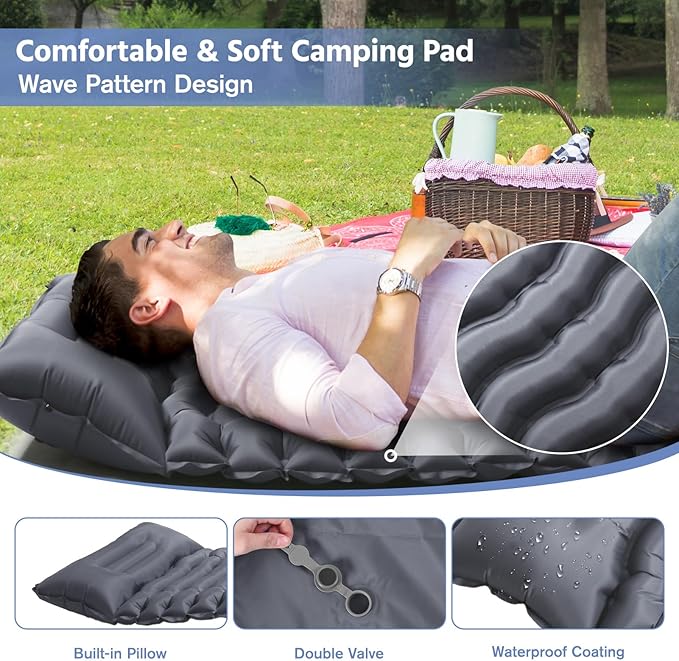 Sleeping Pad for Camping -Ultralight Inflatable Sleeping Mat with Pillow Built-in Foot Pump Compact &amp Lightweight Camping Mattress Pad for Camp Backpacking Hiking Travel Tent (Grey)