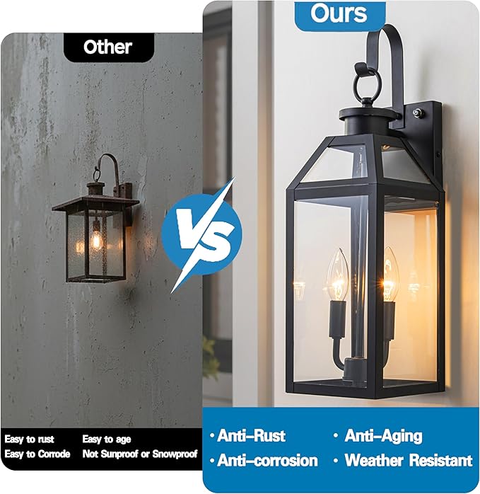 20 Dusk to Dawn Outdoor Wall Light with Sensor - Waterproof Exterior Wall Sconce for Porch Patio Garage Front Door Balcony Entry Modern Hardwired Lantern in Black Metal &amp Glass 2 Light - 2 P