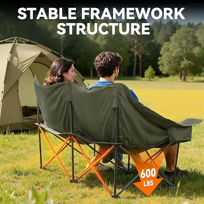 Double Camping Chair Oversized Padded Camping Chairs for Adults Folding Loveseat with Cup Holders and Side Pockets Heavy Duty Outdoor Lawn Chairs for CampingSports FishingBeachGreen