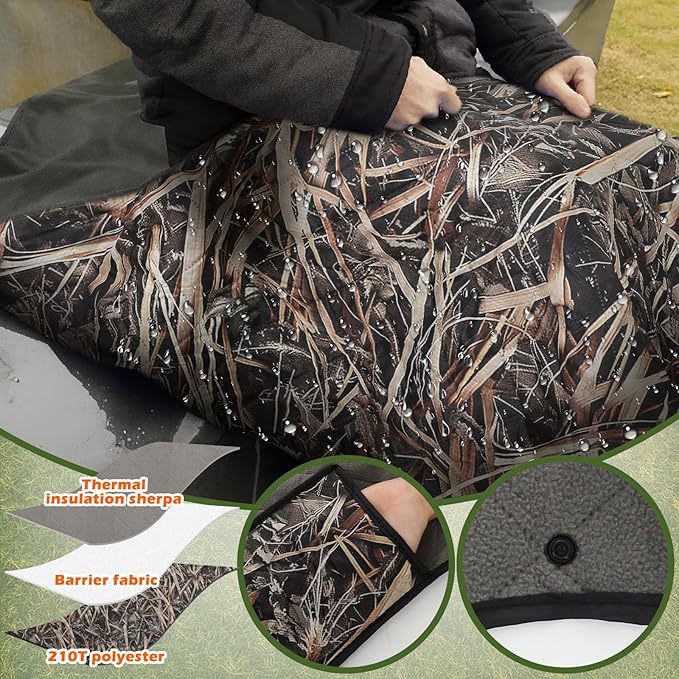 55 x 95 Waterproof Woobie Camo Blanket for Hunting Extra Outdoor Stadium Blankets Sherpa Lining with Hood and Storage Pocket for Deer Duck Hunting Gear Blind Accessories(Waterfowl Grass Camo)