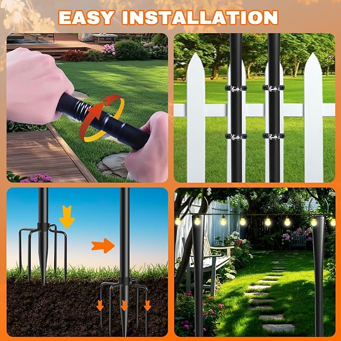 4 Pack 10Ft String Light Poles Metal Poles with Fork for Outside LightsOutdoor Metal Light Stand with Fence Brackets Hanging Lights for Garden Patio Wedding Backyard (4 PACK-Upgraded Version)