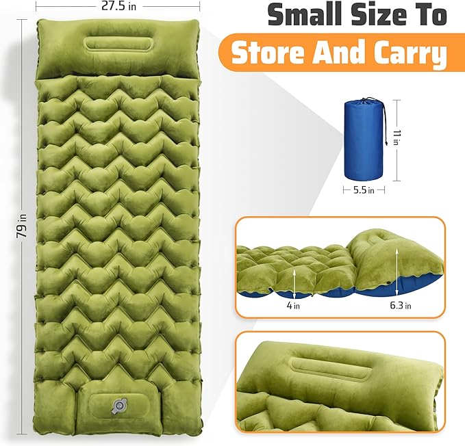 4 Thick Double-Sided Camping Sleeping Pad | Warm Velvet Top Waterproof Nylon Bottom | Inflatable Mattress for Backpacking &amp Cold Weather