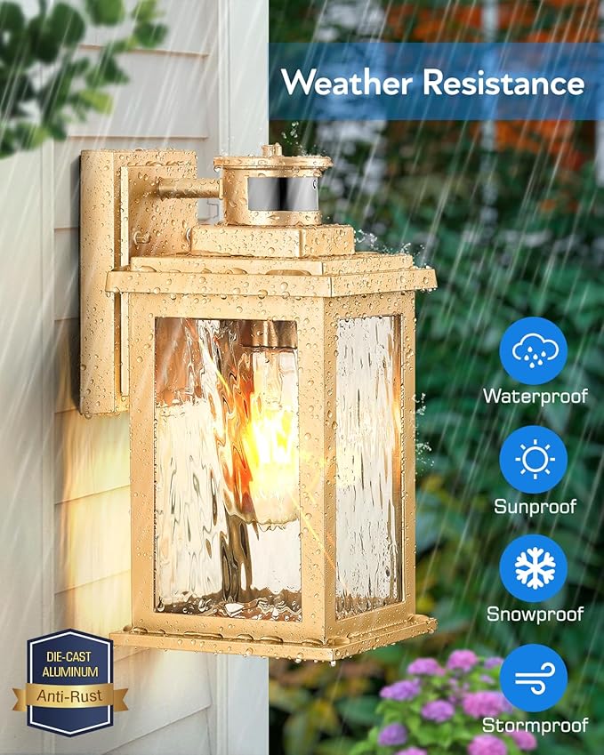 VIANIS 2 Pack Motion Sensor Outdoor Lights Lantern Dusk to Dawn Exterior Lights for House Gold Anti-Rust Porch Lights Sconce Garage Lights Wall Mount for Patio Doorway UL Listed
