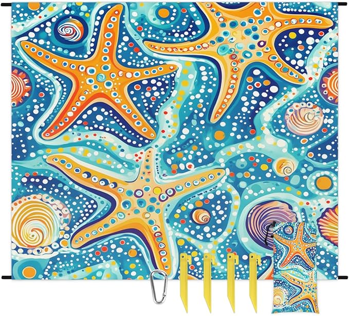Waterproof Sandproof Beach Blanket 59''×68'' Bread Starfish Polyester Outdoor Picnic Blanket with 4 Stakes &amp Storage Bag for BeachCampingVacation Blue