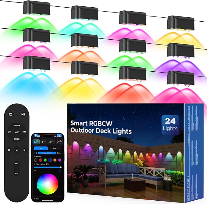 Outdoor Deck Lights 24 Lights Smart Fence Lights Compatible with Alexa &amp Google Home IP65 LED Patio Deck Lighting with Remote Fence Lighting Music Sync for Patio Yard Garden(157.2ft)