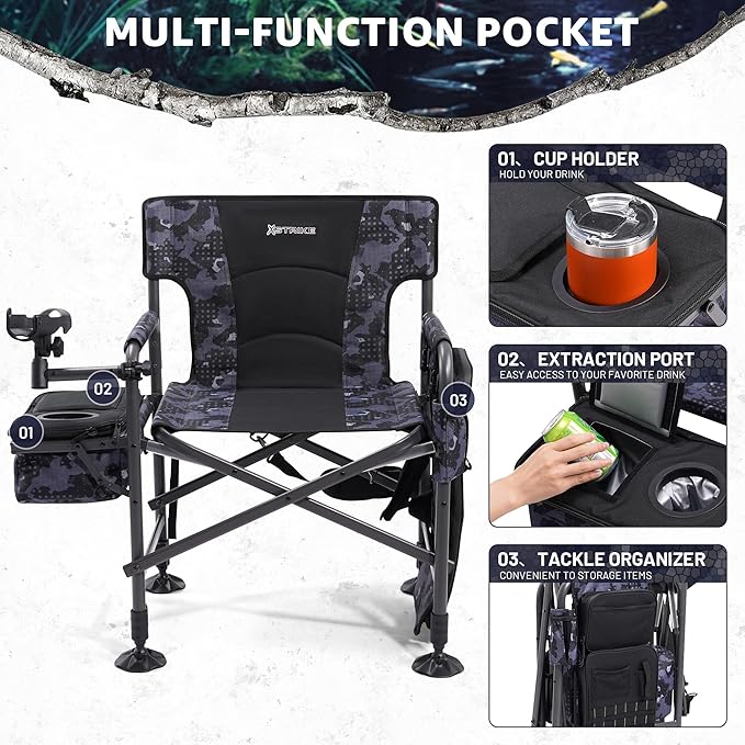X Strike Heated Fishing Chair with Rod Holder Cooler Bag Storage Bag Shoulder Strap and Adjustable Feet 350LBS Heavy Duty Folding Ice Fishing Chair for Adults Outdoor Camping (Battery Not Included)