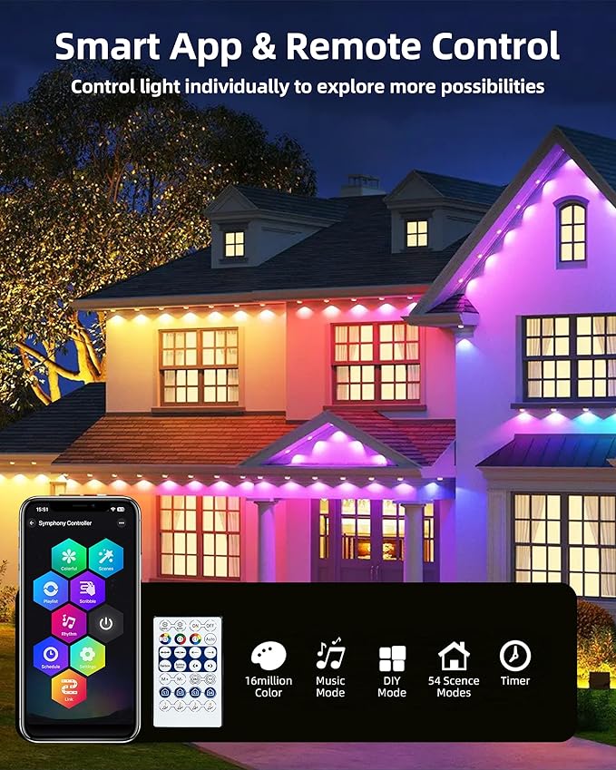 Permanent Outdoor Lights 111ft with Smart 72 LED Light with App Control DIY Scene Modes IP65 Waterproof Christmas Outdoor Lights Outside Roofline Decor Garden Decor Party Holiday Xmas