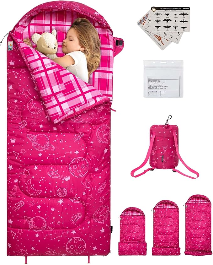 KingCamp 45°F Kids Sleeping Bag Lightweight Waterproof &amp Compact Flannel Sleeping Bags Cold Weather &amp Warm Youth Essentials Gear Accessories for Camping Fits 10-12 Children up to 4'7-5'5 T