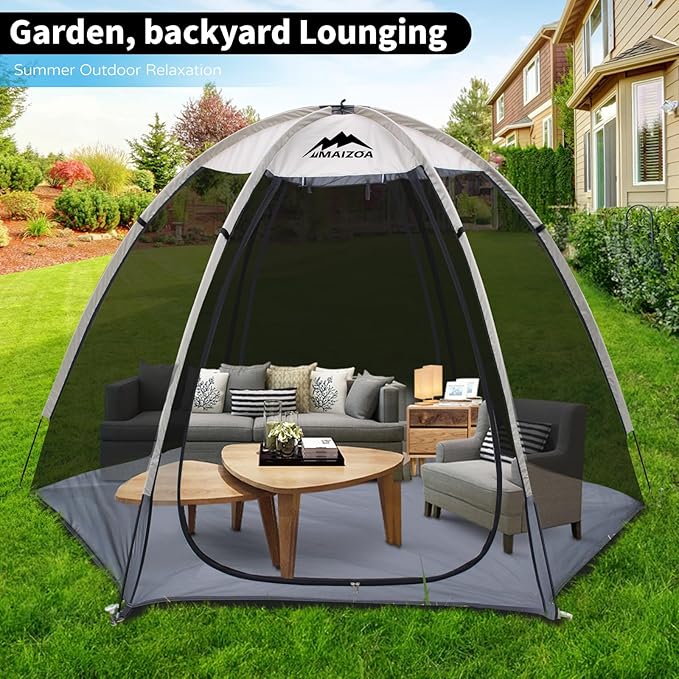 Screen House Tent 8 x 7 Ft Mesh Net Outdoor Camping Screen Room Sun Shade Gazebo Shelter Perfect for Family Picnic Backyards Campfire Barbecue and Party (Beige with Floor mat)