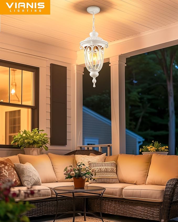 VIANIS Large Outdoor Pendant Light Lantern White Modern Outdoor Chandelier Handcrafted Hanging Outdoor Lights with Seed Glass Outdoor Ceiling Lights for Porch House Doorway Garden Entryway