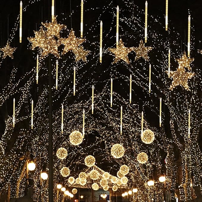 LJLNION 24 Tubes Meteor Shower Lights Outdoor Icicles Christmas Decor 12 Inch 864 LED Snow Falling Connectable Raindrop Lights Xmas Wedding Party Tree Holiday Decoration Warm White