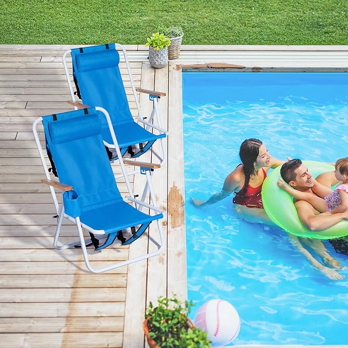 Outvita Folding Beach Chair Adjustable Headrest w/4 Flexible Tilt Angle Cup Holder Portable High Strength Cleanable Fabric for Sand Camping Lawn Concert Travel Festival