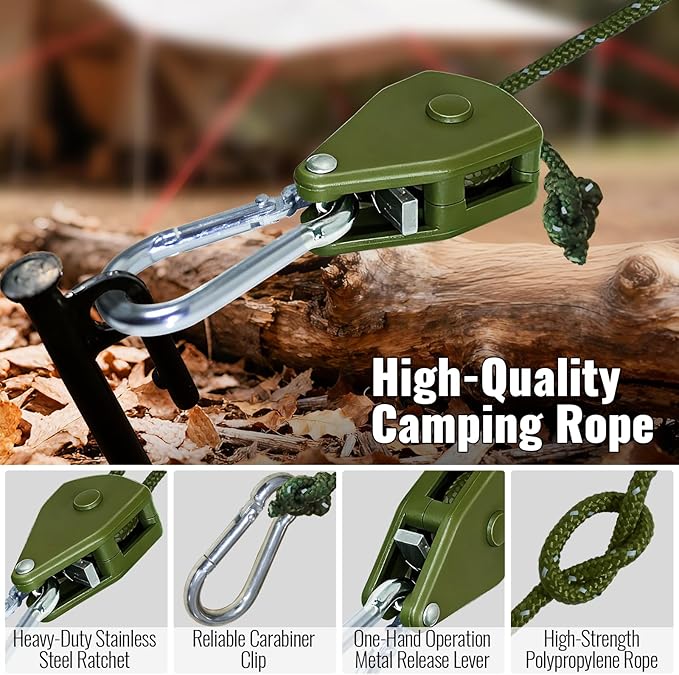 Camping Rope Reflective Tent Rope Guyline with Ratchet Pulley Tarp Tie Down Ropes for Tent Tarp Canopy Shelter Camping 13ft Adjustable Guy Line for Canopy Tent 4 Pack Guy Lines Tents Cords