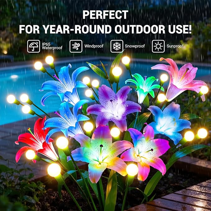 WdtPro Upgraded Solar Garden Lights Outdoor: 4 Pack Solar Firefly Swaying Light with Colorful LED Lily Flower Waterproof Garden Decor for Yard Patio Pathway Lawn Gifts for Women (2 Rosy+2 Purple)