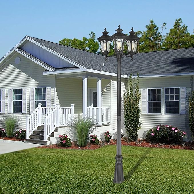 Outdoor Lamp Post Light Black Outside High Pole Light 3-Head Waterproof Modern Exterior Street Lamp Road Lighting Fixture for Garden Backyard Patio Lawn Pathway Driveway