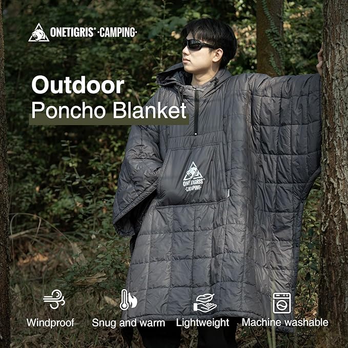 ONETIGRIS Camping Blanket Poncho with with Recycled Synthetic InsulationWearable Hoodie Blanket | Ultralight Water-Resistant Warm Camping Blanket for Outdoor Hiking Stadium