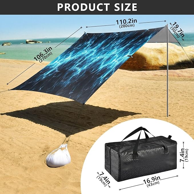 Spark Texture Blue Beach Tent Sun Shelter 9.2' x 10.5' Beach Canopy with 4 Sandbags 4 Stability Poles Sand Shovels - Tent Canopy for Beach Camping Fishing Picnics