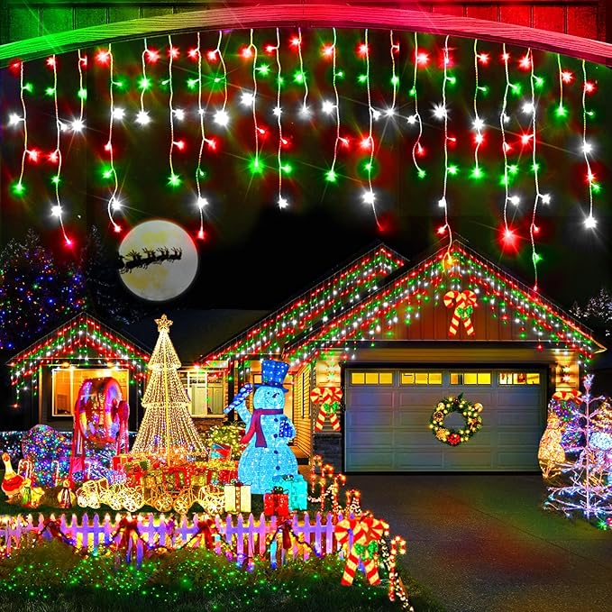 Christmas Lights Outdoor 164FT 1600 LED Ice Lights for Outside 320 Drops Ice String Lights with 8 Modes Waterproof Timer &amp Memory for Yard Garden Eaves Patio Party (Red Green and Cool White