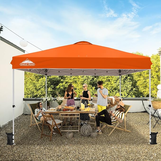 EAGLE PEAK Pop Up Canopy Tent with Wheeled Carry Bag 8 Stakes 4 Ropes 4 Weight Bags Easy Set Up Tent Canopy 12x12 ft 144sqft of Shade Orange