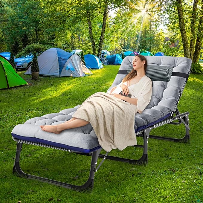 NAIZEA Folding Camping CotsAdjustable 4-Gear Sleeping Cots for AdultsFoldable Cot Bed Folding Chaise Lounge ChairPortable Reclining Chair for Beach Lawn Camping PoolSunbathing Chairs