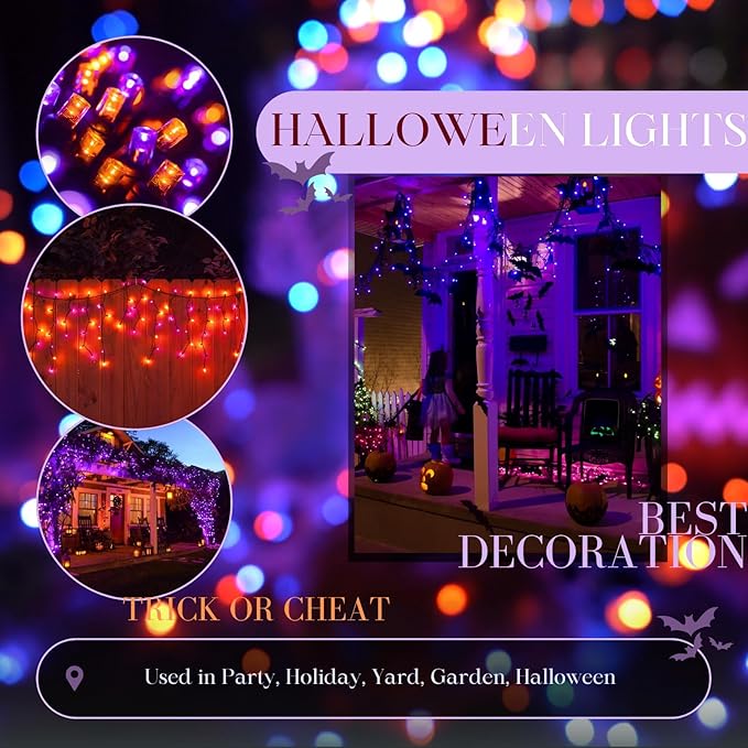 Connectable Purple and Orange Halloween Lights 2Pack 164ft 400LED 13 Modes Waterproof String Lights Plug in Twinkle Light with Timer Indoor/Outdoor for Tree Party Halloween Decorations