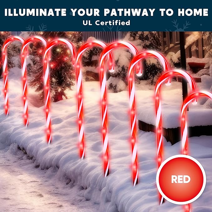 Joiedomi 12 Pcs Christmas Candy Cane Pathway Markers Lights 17” Stakes Lights with Red Waterproof Outdoor Decorations for Holiday Xmas IndoorYard Walkway Lawn Garden Decor