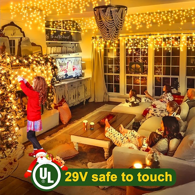 KNONEW 99ft 960 LED Christmas Lights Outdoor Decorations with 180 Drops 8 Modes Curtain Fairy Light Clear Wire LED String Light Indoor Decor for Wedding Party Christmas(Warm White)