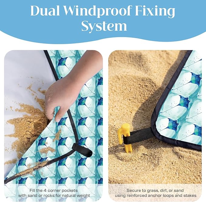OIGAE 7x7ft Sandproof Beach Blanket - Large Waterproof Picnic Mat for 3-4 People Lightweight Sand Free Mat for Summer Vacation with 6 Stakes &amp 4 Corner Pockets for Beach Camping Festivals