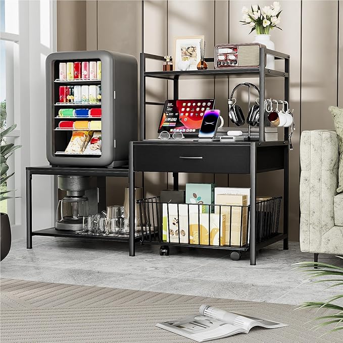 Bakers Rack with Mini Fridge Stand &amp Microwave Shelf – Coffee Bar with Drawer Rolling Basket Storage &amp Hooks – Heavy Duty Kitchen Organizer for Apartments Dorms &amp Living Rooms Black