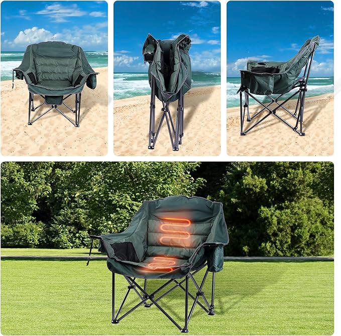 CDEN Heated Padded Chair Heated Camping Chair Heated Outdoor Chair Oversized Camping Chair with Cooler Bag Side Bag Heavy Duty Power Bank (1 Pack)