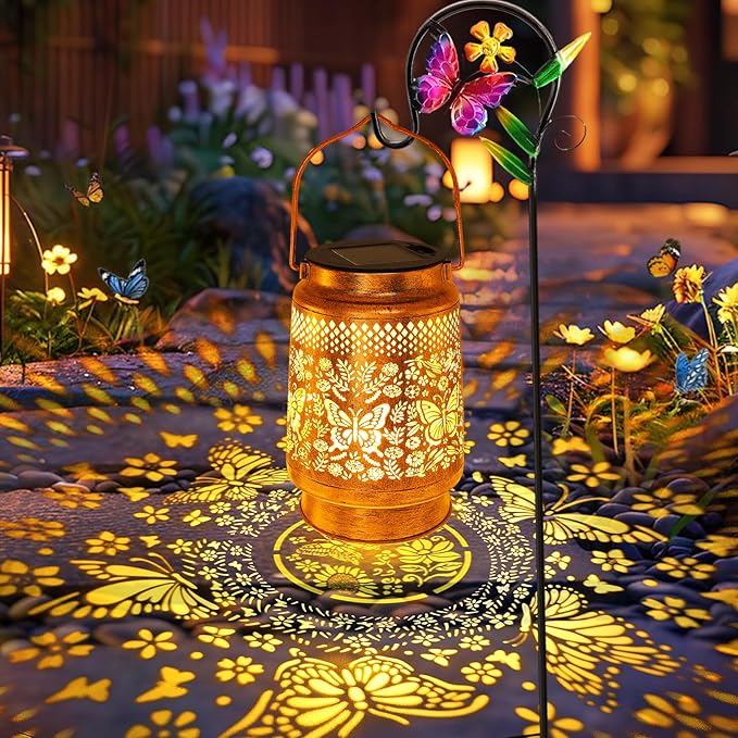 Solar Lanterns Outdoor Butterfly Garden Decor Gifts for Women Mom Grandma Birthday Waterproof Metal Hanging Solar Lights LED Decoration with Shepherd Hook Outside for Yard Patio Lawn Porch
