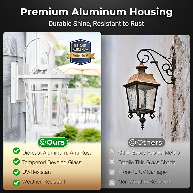 VIANIS Large Dusk to Dawn Outdoor Wall Lights White Exterior Wall Light 100%Aluminum Waterproof Front Door Light Fixture Outdoor Modern Outside Garage Lights Fixtures with Tempered Glass for House