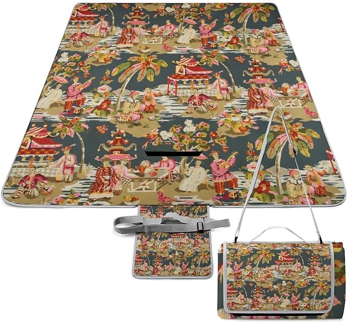 Chinese Style Powder Chinoiserie Blue and White Waterproof Outdoor Picnic Blanket Sandproof Beach Mat for Camping Hiking Grass Travelling