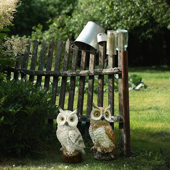 Solar Owl Garden Statues Outdoor Decor Resin Owl Figurine with LED Lights Owl Sculpture for Porch Patio Lawn Yard Decorations Christmas Housewarming Gifts for Women MomWhite Owl