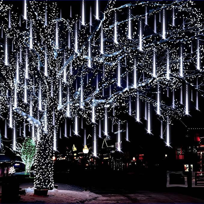 Aukora White Christmas Lights Outdoor UL Plug 24 Tubes 576 LEDs Meteor Shower Light Tandemable Icicle Snow Falling Rain Light for Xmas Tree Halloween Decorations Wedding Party Holiday Garden Decor
