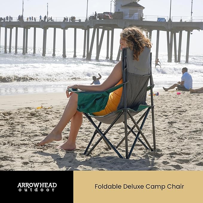 ARROWHEAD OUTDOOR Portable Deluxe Folding Camp Quad Chair w/Headrest Glass &amp Cup Holders Armest 6-can Cooler Heavy Duty Carry Bag 550 lbs Weight Capacity
