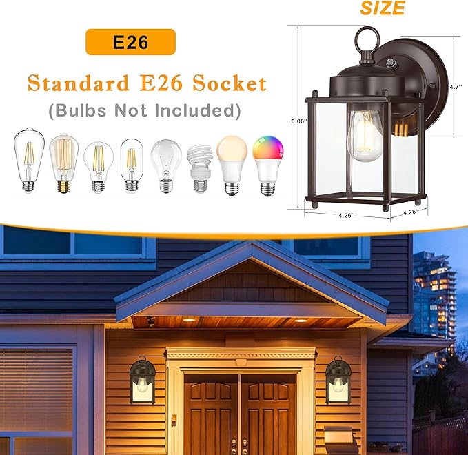 Dusk to Dawn Outdoor Wall Lantern Modern Exterior Light Fixtures Wall Mount Waterproof Front Door Wall Lighting with Clear Glass Bronze Outdoor Wall Lights for House Garage 4-Pack