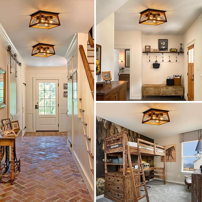 Farmhouse Light Fixture 4-Light Rustic Ceiling Light Trapeziform Wood Flush Mount Ceiling Light for Kitchen Hallway Entryway Bedroom