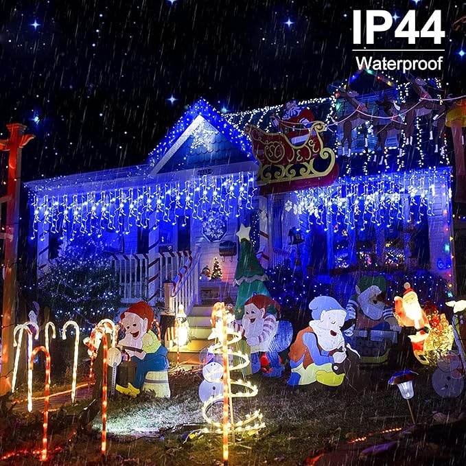 Minetom Icicle Lights for Outside 66Ft 736 LED Blue Christmas Lights with 138 Drops Icicle Christmas Lights Outdoor with Remote and Timer