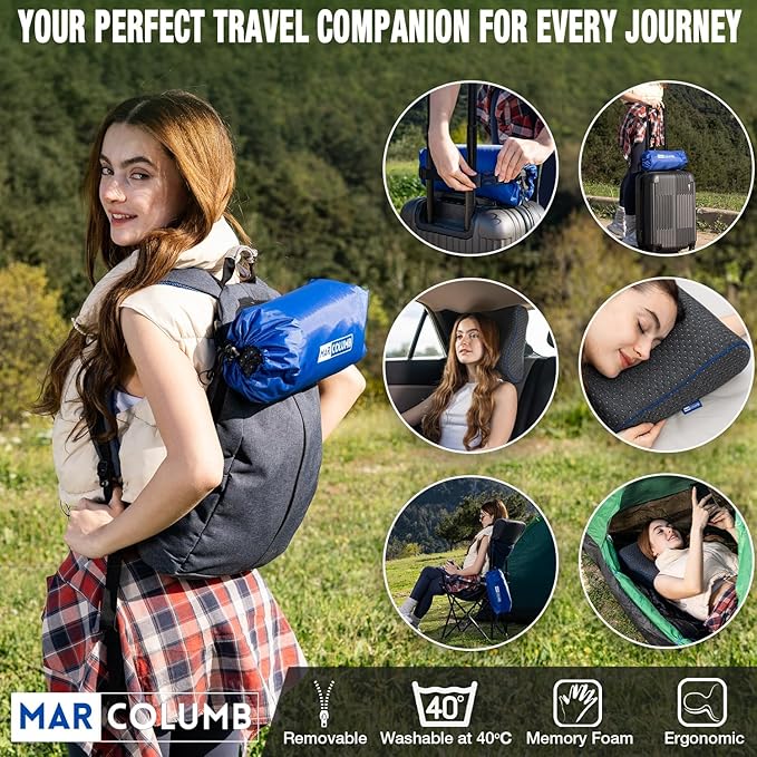 Travel &amp Camping Comfortable Memory Foam Pillow – Easy to Carry Portable Bag – Temperature Regulating Pillow Case - Perfect for Travelling (Grey Contour II)